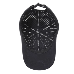 Black quick-dry sports cap with breathable laser-cut mesh and adjustable strap