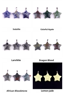 Detail of 30mm star pendants in sodalite, agate, and various natural gemstones with bails
