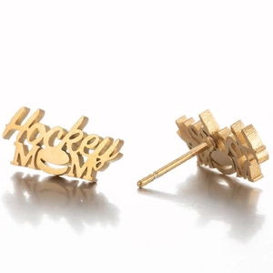 Close-up of golden brushed Hockey MOM stud earrings for sports lovers and mothers