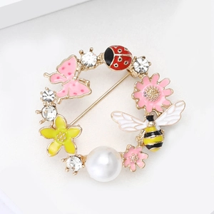 Floral wreath brooch with bee, ladybug, and pearl in gold-toned alloy for women