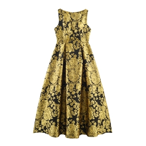 Vestido Maxi Retro Elegante Para Mujer Jacquard Floral Sin Mangas Cintura Alta Gran Columpio Brocado Noche
