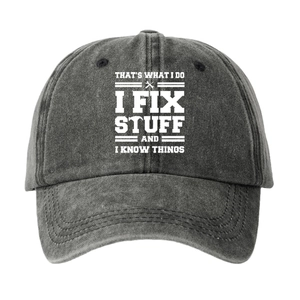 Washed grey baseball cap featuring a 'I Fix Stuff' print with repair tools on the front