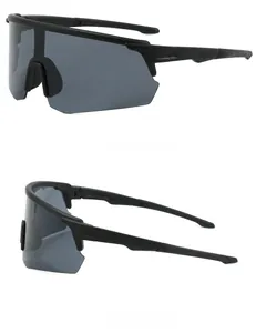 Detail view of professional cycling glasses with matte black frame and windproof lens