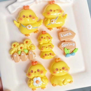 Detail view of 8-piece yellow resin cartoon chick accessories for DIY crafts decoration