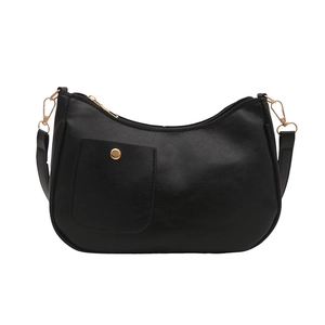 Minimalist black PU leather crescent shoulder bag with golden metallic hardware and pocket