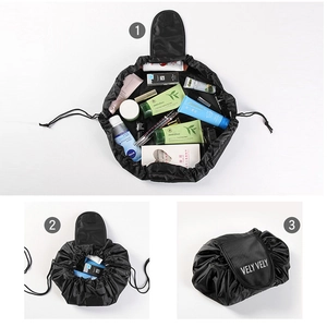 Black drawstring makeup bag showing three steps from fully open to closed pouch