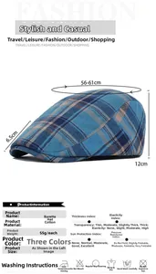 Detailed size specifications for a cotton plaid beret with blue and beige grid pattern