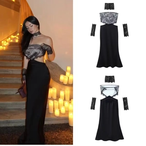 Strapless Black Satin Maxi Dress With Lace Patchwork Sleeves And Neck Accessory Sexy Backless Evening Gown For Women