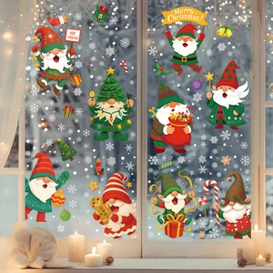 Christmas gnome static window decals set with snowflakes and Merry Christmas text decor