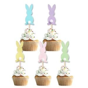 Easter bunny cake toppers set in 5 macaron colors with soft pompoms and wooden sticks