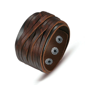 Men's wide punk dark brown leather bracelet with adjustable metal snap buttons