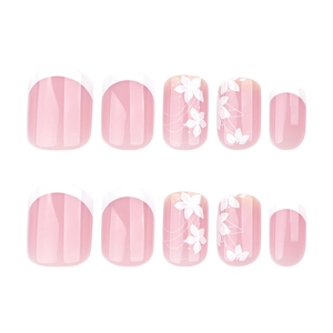 French tip press-on nails with white flower patterns and pink base in square shape