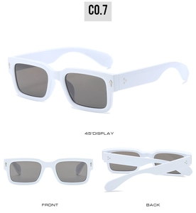 Three-way view of white thick square sunglasses with silver arrow studs and dark lenses