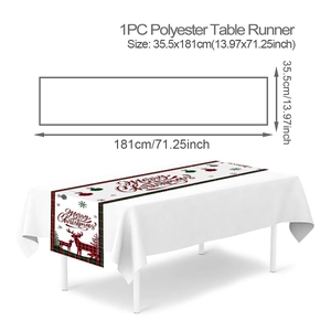 Polyester Christmas elk table runner detail showing 35.5x181cm size and festive pattern