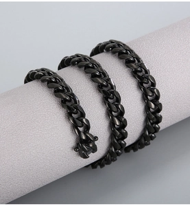Detailed view of black polished stainless steel Cuban link chain with secure box clasp