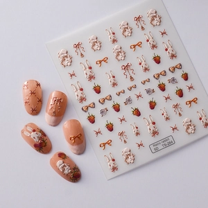 Detail of 5D embossed retro rabbit nail stickers with floral patterns and TS-264 labels