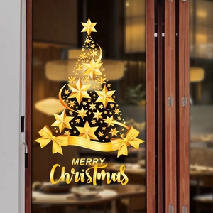 Golden Christmas tree window static sticker with stars and Merry Christmas text
