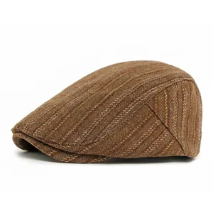 Classic brown herringbone wool flat cap for men and women, vintage autumn winter style