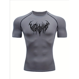 Macro shot of grey compression t-shirt showing black gothic prints and flatlock seams