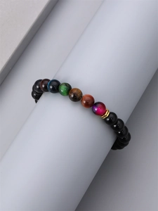 Bracelet en perles d'oeil de tigre 8mm avec pierres multicolores et anneau doré