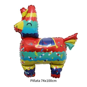 Detailed view of colorful 74x100cm alpaca piñata foil balloon with festive candy patterns