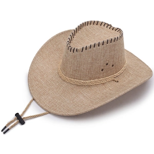 Detail of khaki linen western cowboy hat with woven rope and adjustable chin strap