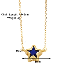 Detail showing 45+5cm gold star necklace with blue enamel pendant and size dimensions