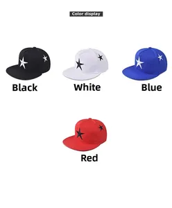 Flat brim baseball caps with five-point star embroidery in black, white, blue, and red colors
