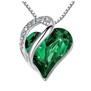 Silver heart necklace with a large sparkling green birthstone pendant on a fine chain