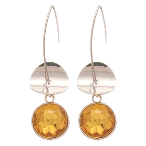 Silver drop earrings with faceted round yellow gemstones and polished metal accents