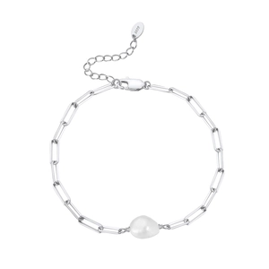 Minimalist S925 sterling silver paperclip bracelet with a natural baroque pearl