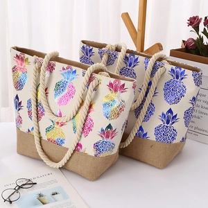 Large Capacity Canvas Jute Tote Bag With Pineapple Print And Cotton Rope For Women Casual Beach Vacation Handbag