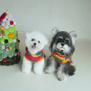 Striped pet hoodie for small dogs in vibrant holiday colors with a cozy knit texture