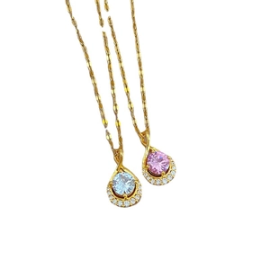 Titanium steel necklaces with water drop pendants featuring pink and blue crystals