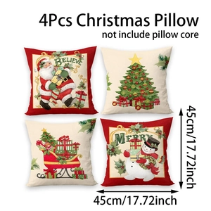 Detail of 4-pack vintage Christmas pillow covers with Santa and sled prints in 45x45cm size