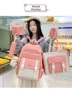 5-teiliges Schulrucksack-Set in Rosa und Beige mit Tragetasche und Umhängetasche
