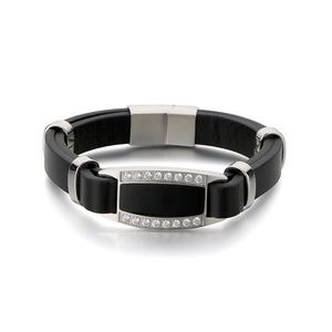 Double-layer leather men's bracelet with sparkling rhinestones and stainless steel buckle