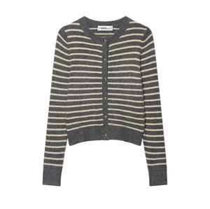 Striped Knitted Cardigan Round Neck Gold Buttons Long Sleeve Casual Elegant Women Sweater Tops