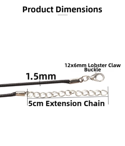 Detail of 1.5mm black wax cord with 12x6mm lobster clasp and 5cm extension chain