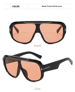 Detailed views of oversized T-logo pilot sunglasses with black frames and pink lenses