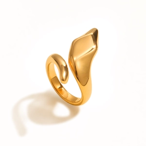 Macro shot of 18K gold plated snake ring with a polished finish and adjustable open band