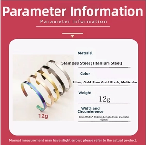Detailed sizing chart and specifications for C-shaped stainless steel adjustable bangles