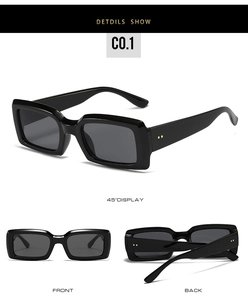 Detailed views of black rectangle sunglasses with golden dots from multiple angles