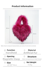 Detail showing dimensions and magnetic closure of heart-shaped faux fur handbag