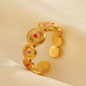 Bohemian 18K gold plated open ring with pink enamel circles for women's fashion