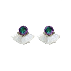 Elegant silver needle crystal fan earrings with purple and green stone design