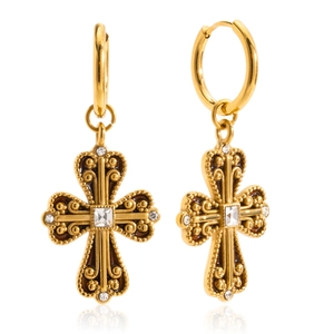 Vintage Baroque Stainless Steel Cross Hoop Earrings For Women Gold Plated Rhinestone Inlaid Religious Fashion Jewelry Gift