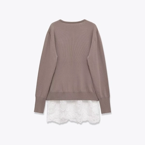 Elegant taupe long sleeve knit sweater with white lace trim detail on a white background