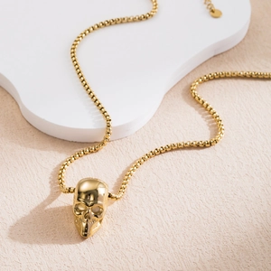 Collier tête de mort doré gothique avec chaîne à perles rondes pour hommes et femmes