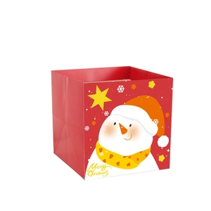 Red Christmas square gift bag featuring a snowman illustration and Merry Christmas text